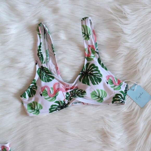NEW White Green Flamingo Monstera Bikini Swim Set Size Small - Picture 4 of 10